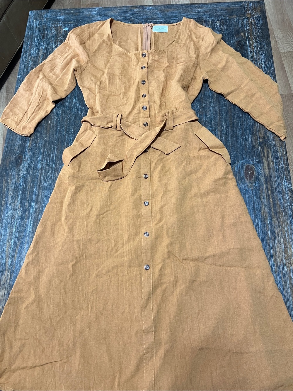 Button-Front Midi Dress with Self-Tie Belt in Camel